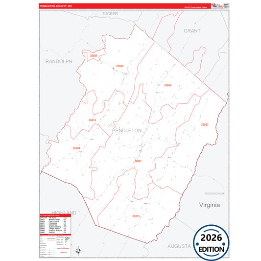 Pendleton County, WV Red Line 5 Digit ZIP Code Wall Map