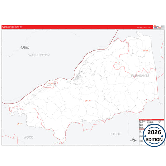 Pleasants County, WV Red Line 5 Digit ZIP Code Wall Map
