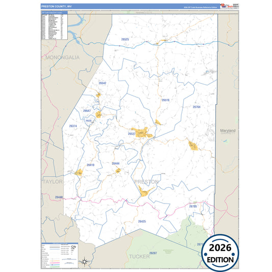 Preston County, WV Business Reference 5 Digit ZIP Code Wall Map