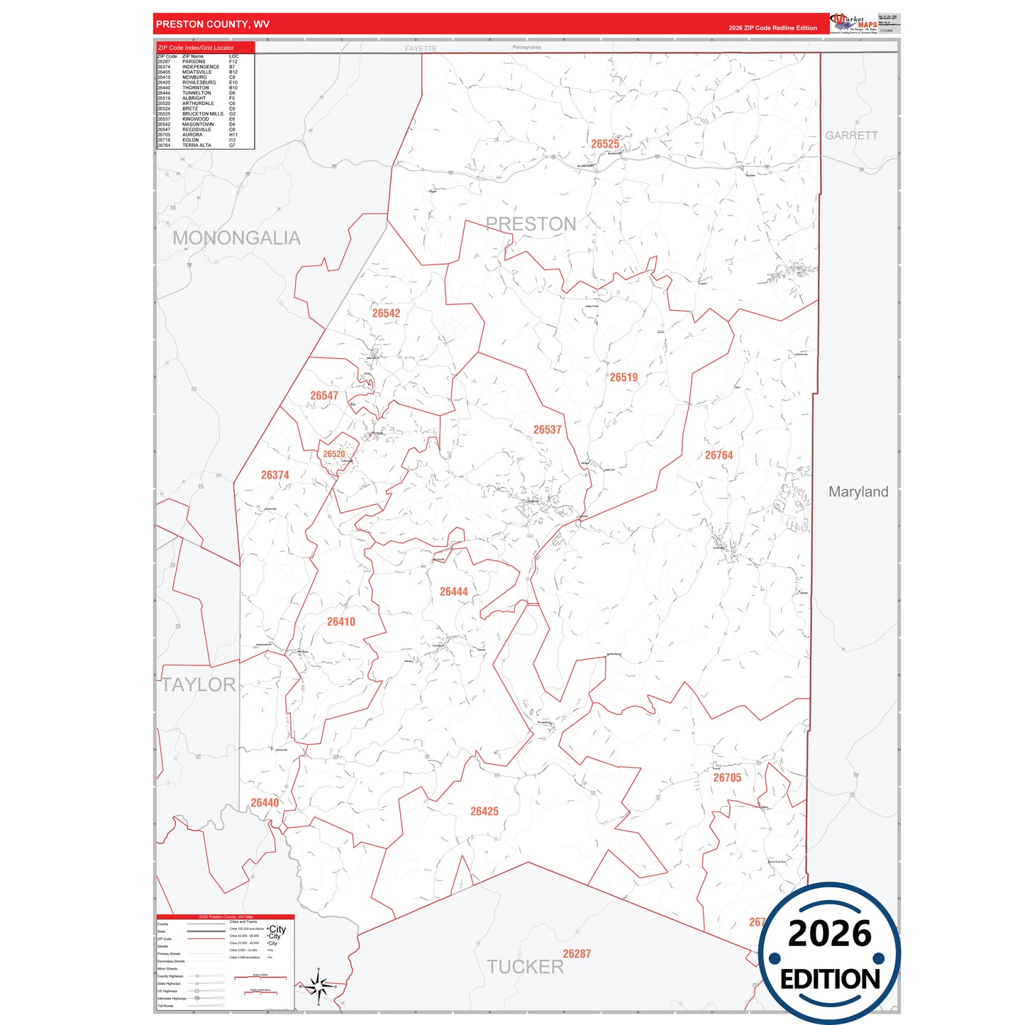 Preston County, WV Red Line 5 Digit ZIP Code Wall Map