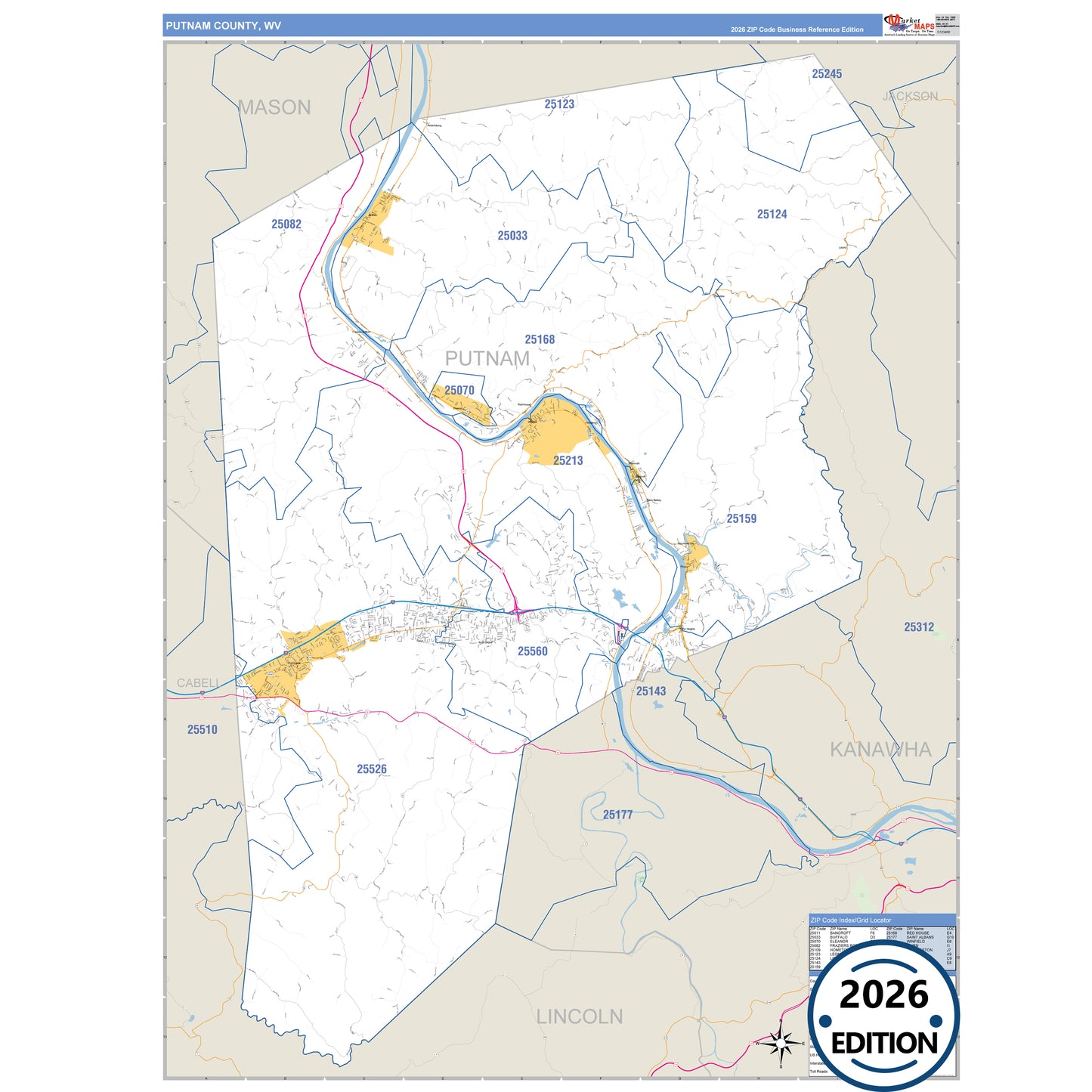 Putnam County, WV Business Reference 5 Digit ZIP Code Wall Map