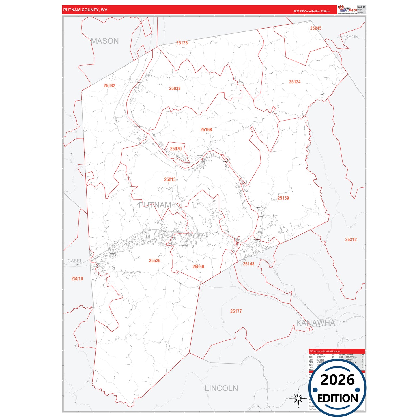 Putnam County, WV Red Line 5 Digit ZIP Code Wall Map