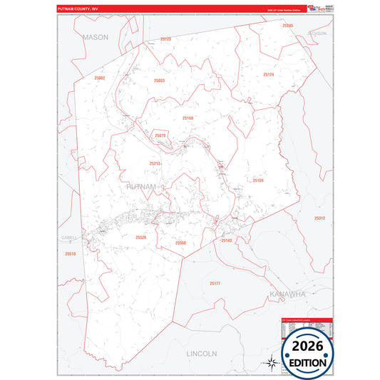 Putnam County, WV Red Line 5 Digit ZIP Code Wall Map
