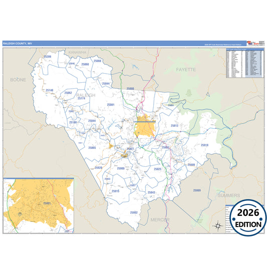 Raleigh County, WV Business Reference 5 Digit ZIP Code Wall Map