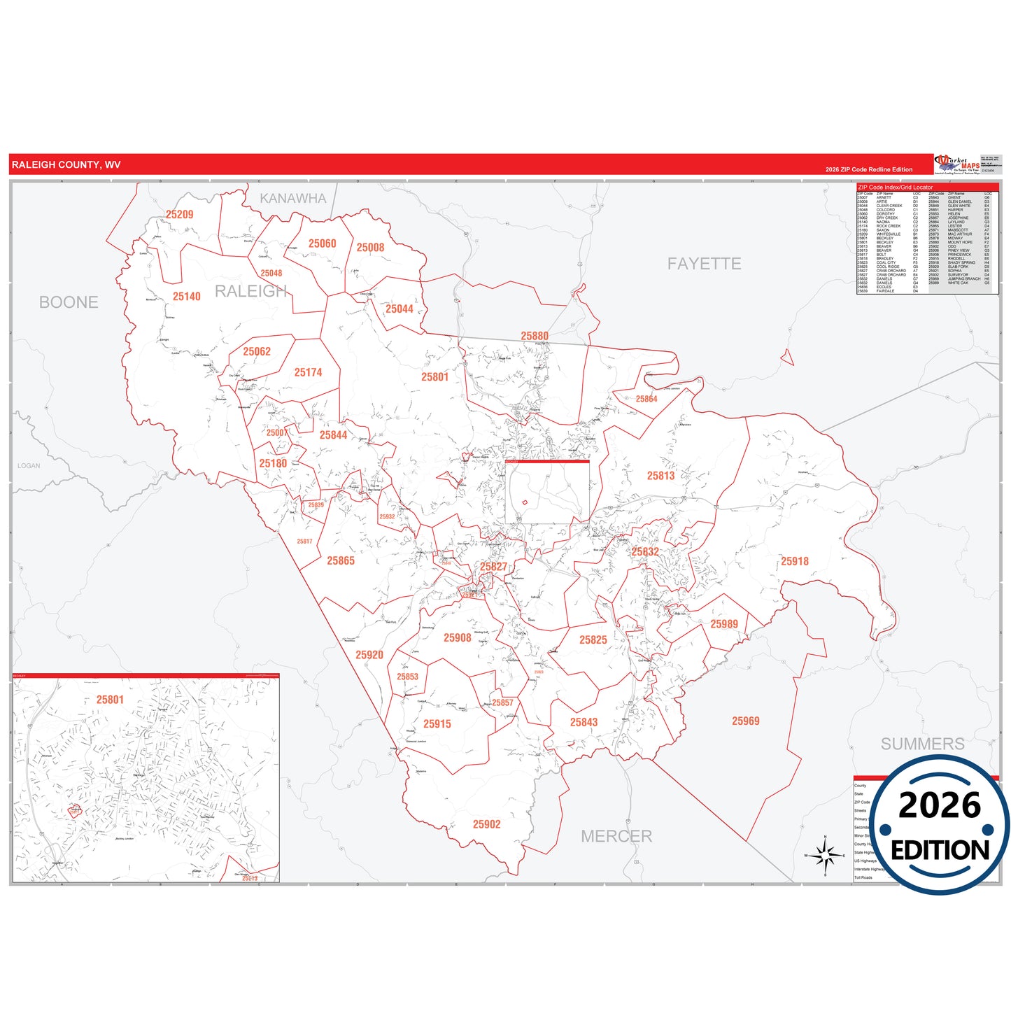 Raleigh County, WV Red Line 5 Digit ZIP Code Wall Map