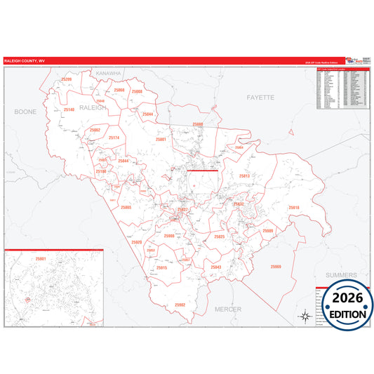 Raleigh County, WV Red Line 5 Digit ZIP Code Wall Map