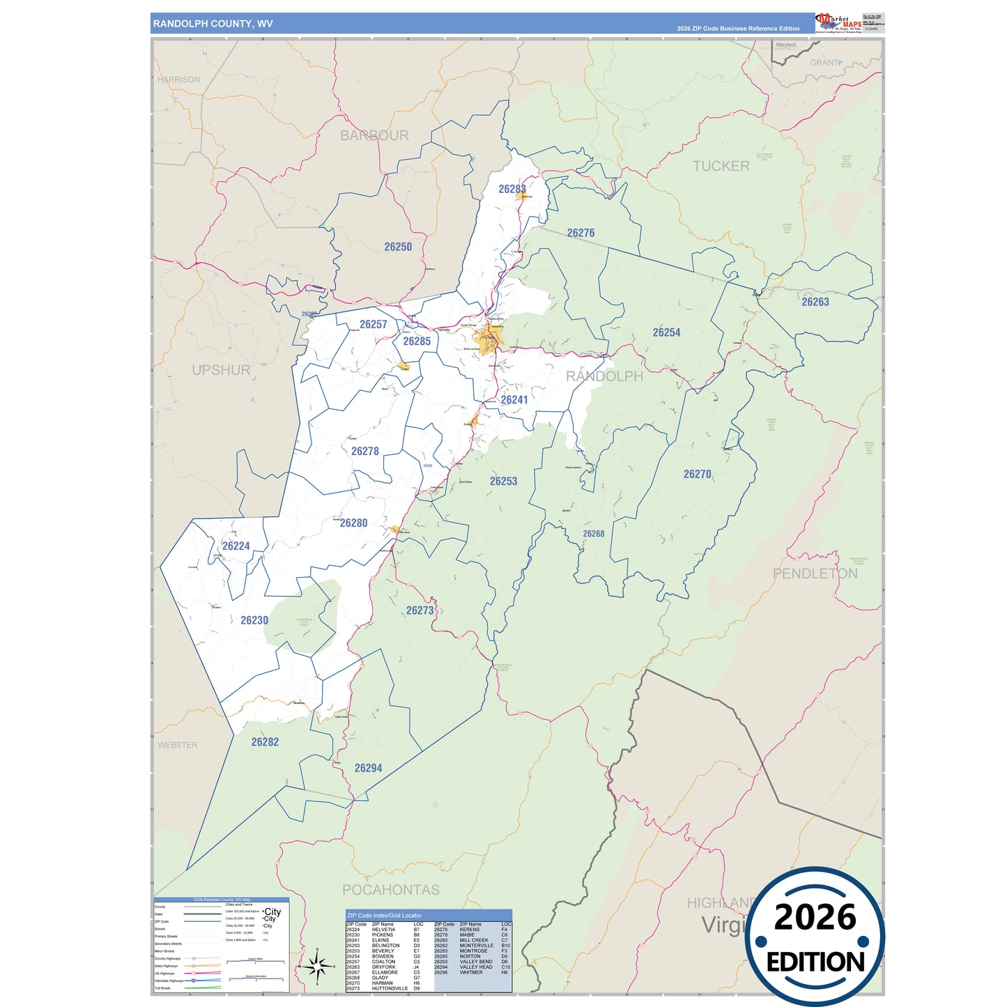 Randolph County, WV Business Reference 5 Digit ZIP Code Wall Map