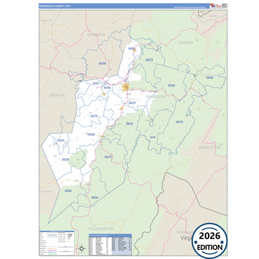 Randolph County, WV Business Reference 5 Digit ZIP Code Wall Map