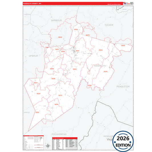 Randolph County, WV Red Line 5 Digit ZIP Code Wall Map