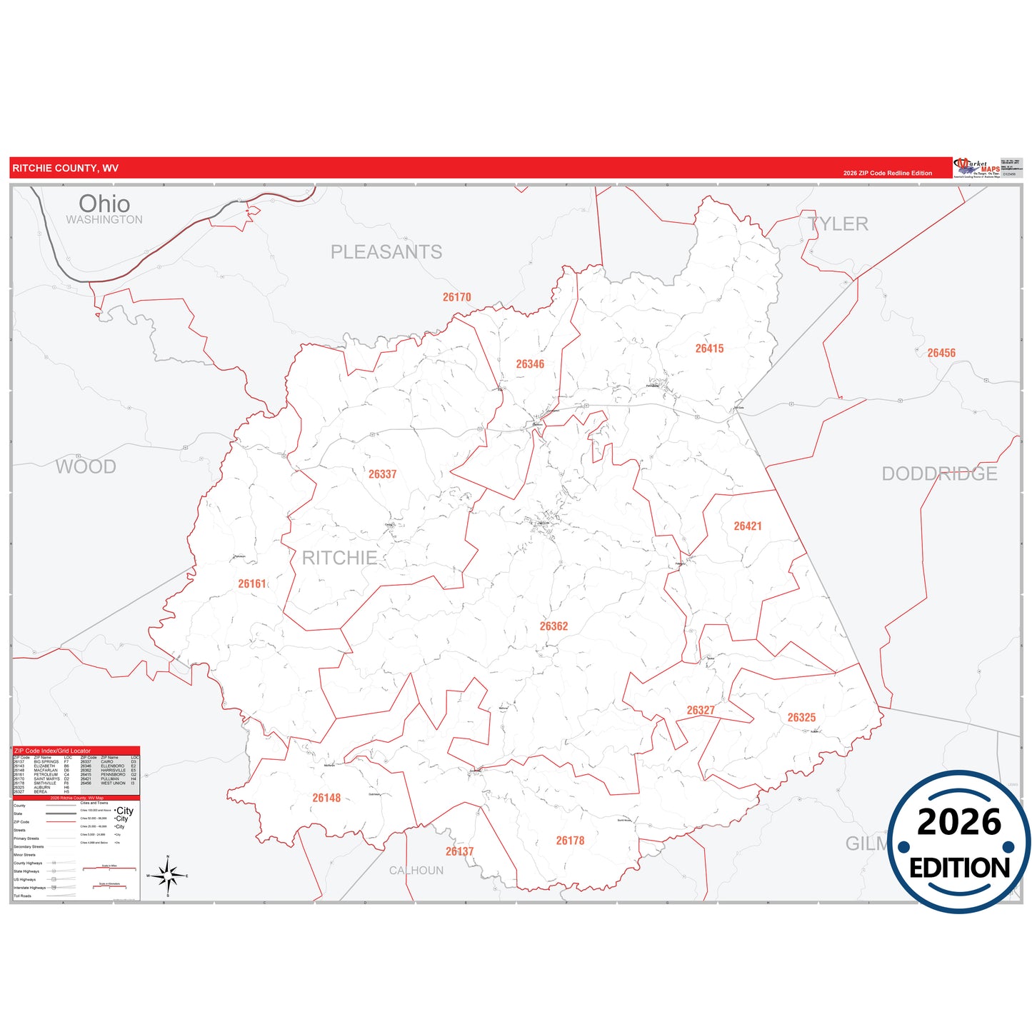 Ritchie County, WV Red Line 5 Digit ZIP Code Wall Map