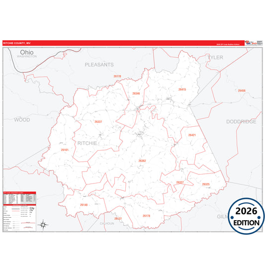 Ritchie County, WV Red Line 5 Digit ZIP Code Wall Map