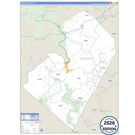 Summers County, WV Business Reference 5 Digit ZIP Code Wall Map