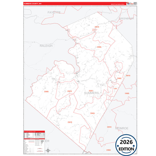 Summers County, WV Red Line 5 Digit ZIP Code Wall Map