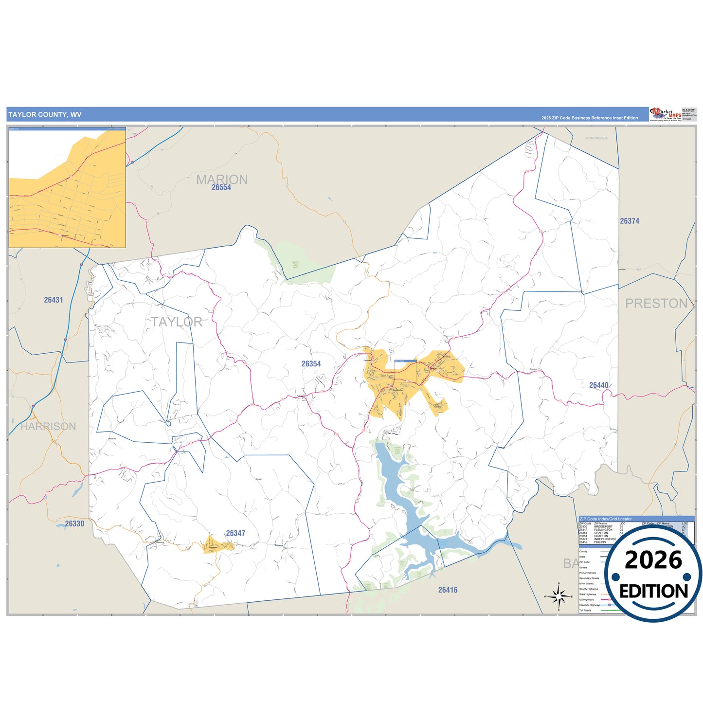 Taylor County, WV Business Reference 5 Digit ZIP Code Wall Map