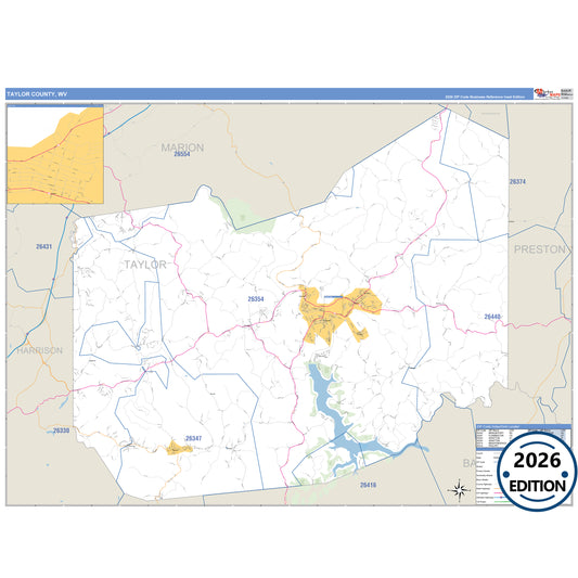 Taylor County, WV Business Reference 5 Digit ZIP Code Wall Map