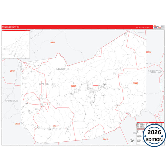 Taylor County, WV Red Line 5 Digit ZIP Code Wall Map