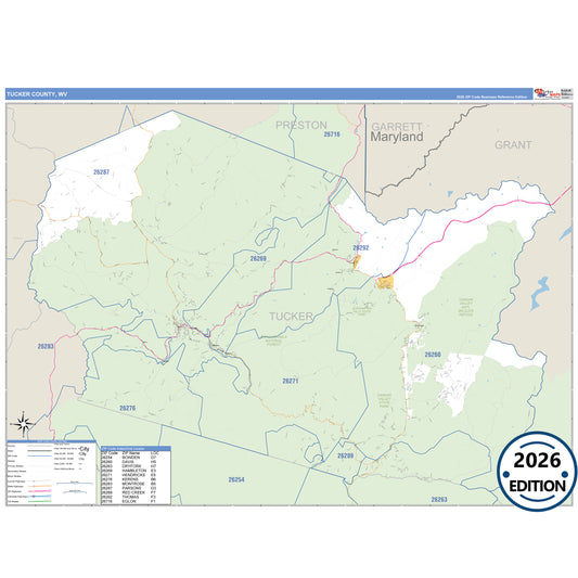 Tucker County, WV Business Reference 5 Digit ZIP Code Wall Map
