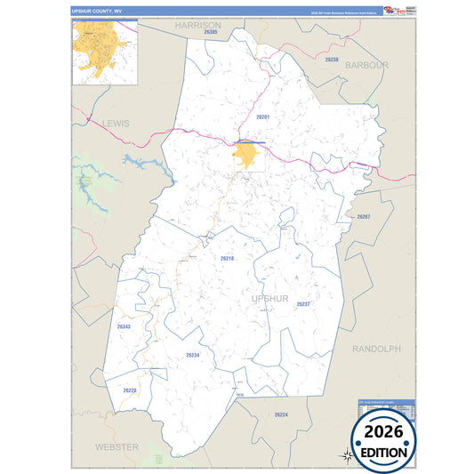 Upshur County, WV Business Reference 5 Digit ZIP Code Wall Map