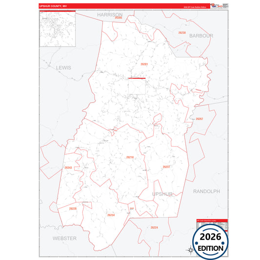 Upshur County, WV Red Line 5 Digit ZIP Code Wall Map