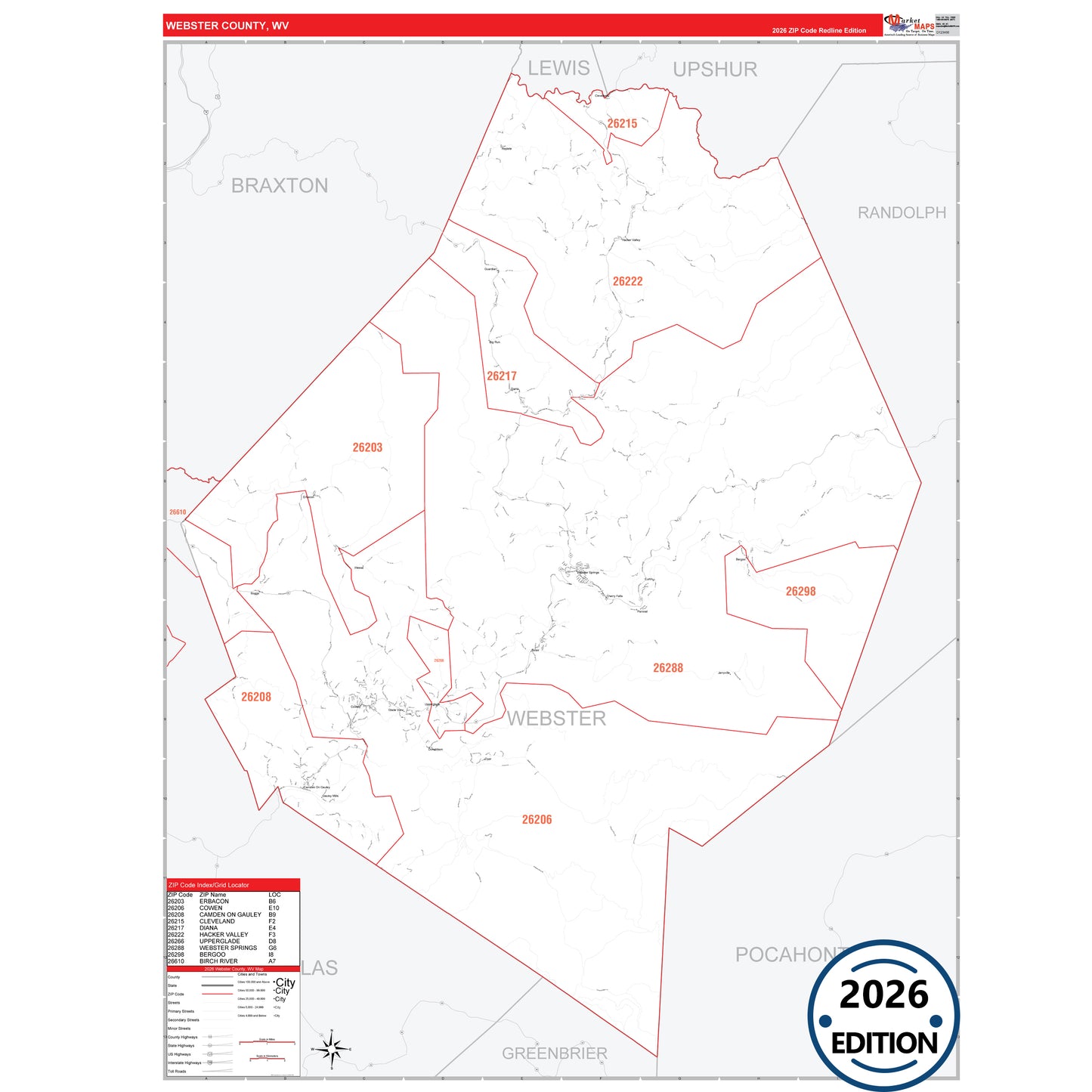 Webster County, WV Red Line 5 Digit ZIP Code Wall Map