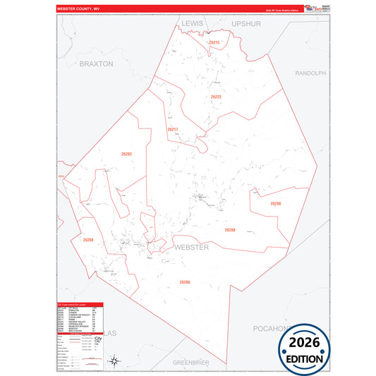 Webster County, WV Red Line 5 Digit ZIP Code Wall Map