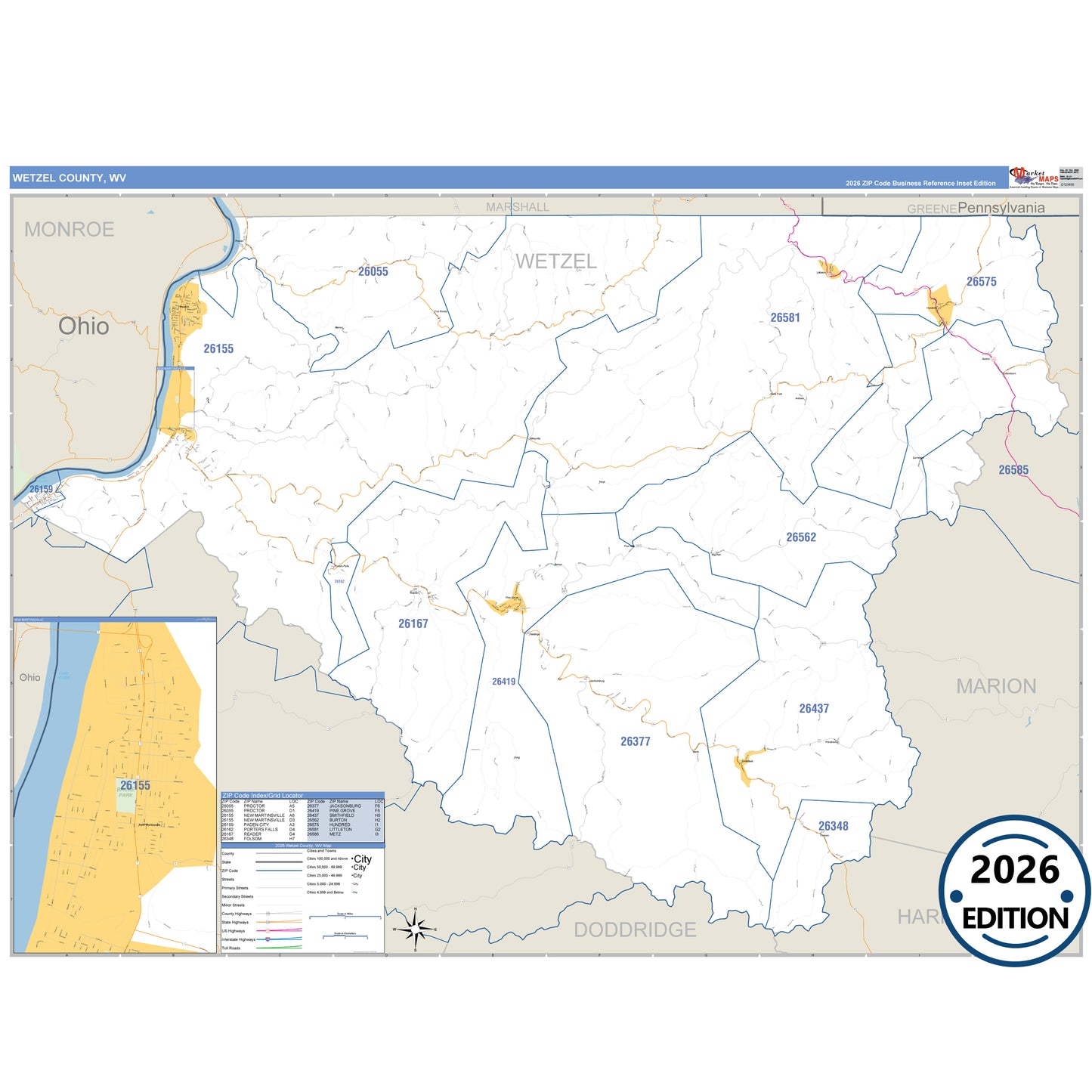 Wetzel County, WV Business Reference 5 Digit ZIP Code Wall Map