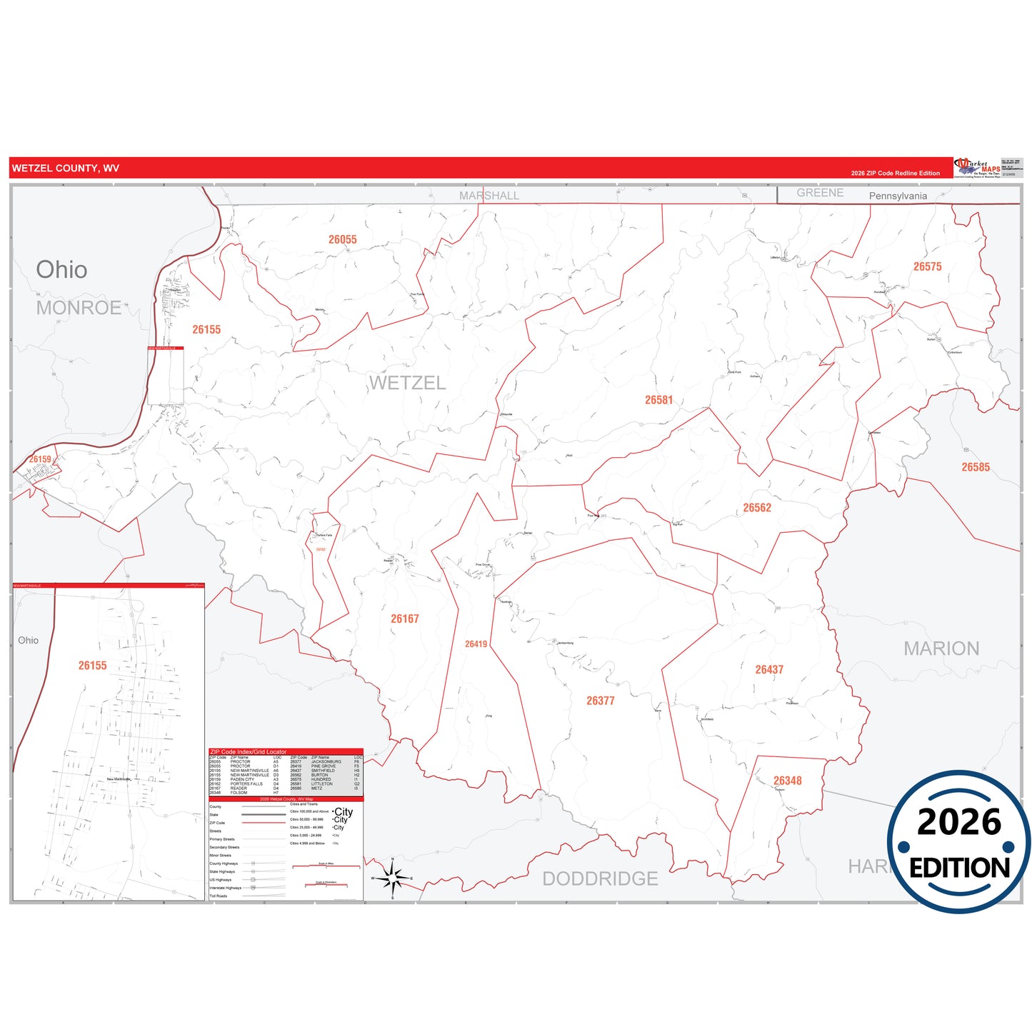 Wetzel County, WV Red Line 5 Digit ZIP Code Wall Map