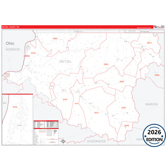 Wetzel County, WV Red Line 5 Digit ZIP Code Wall Map