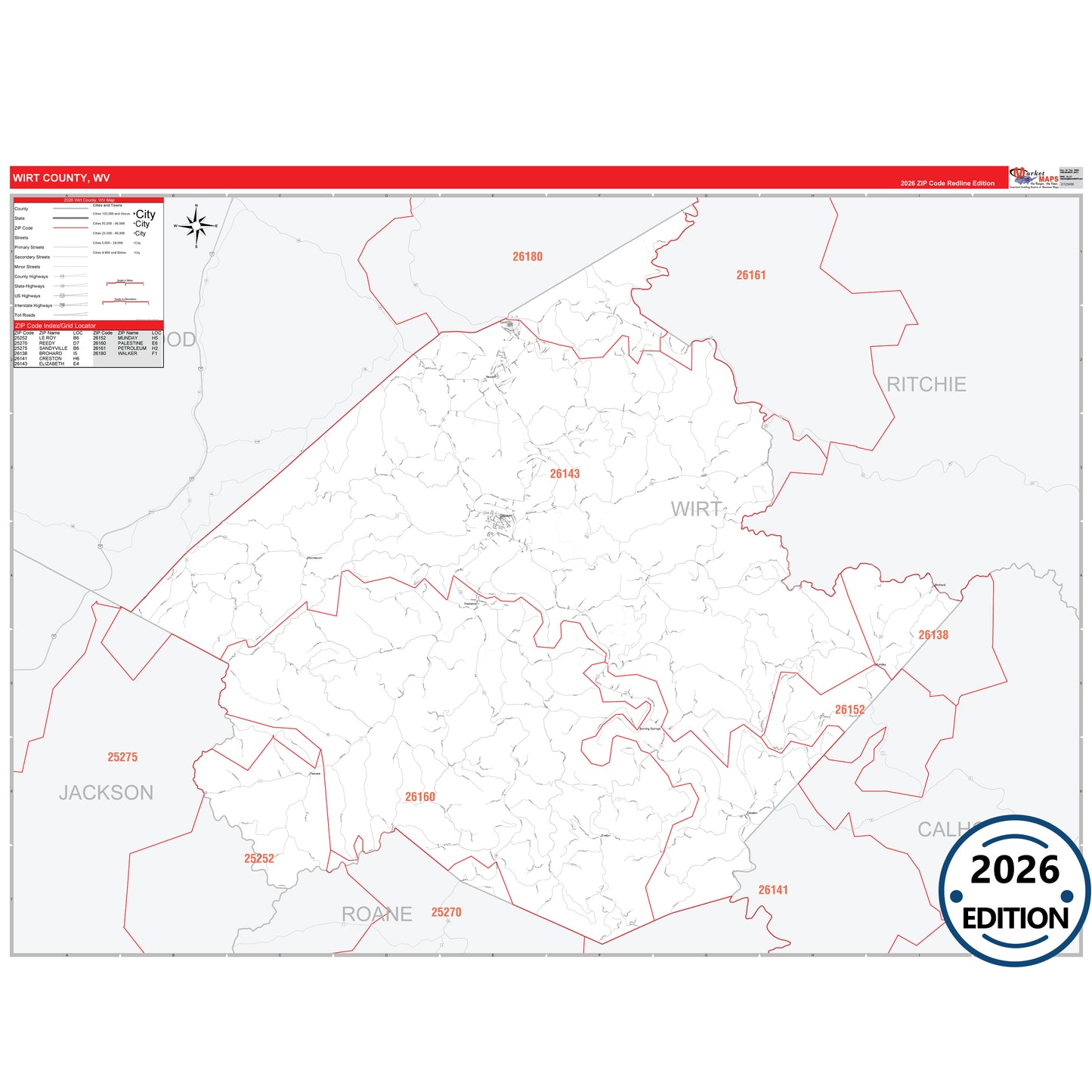 Wirt County, WV Red Line 5 Digit ZIP Code Wall Map