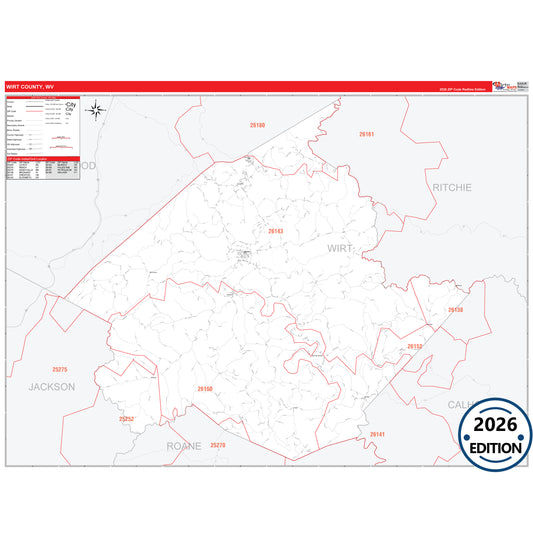 Wirt County, WV Red Line 5 Digit ZIP Code Wall Map