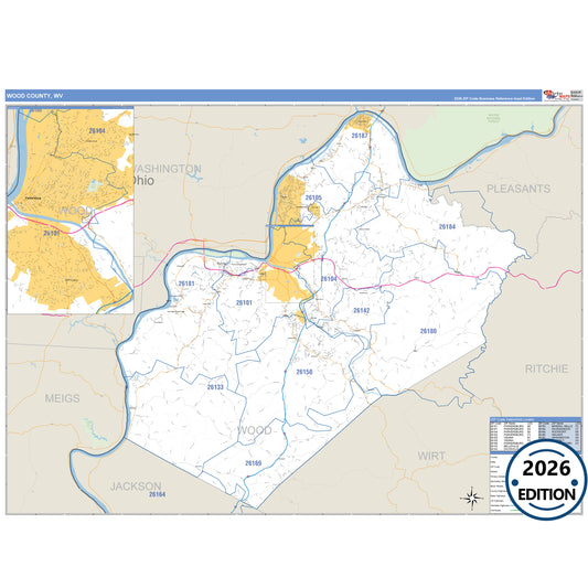 Wood County, WV Business Reference 5 Digit ZIP Code Wall Map