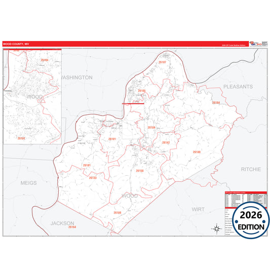 Wood County, WV Red Line 5 Digit ZIP Code Wall Map