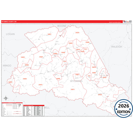 Wyoming County, WV Red Line 5 Digit ZIP Code Wall Map