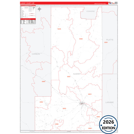 Albany County, WY Red Line 5 Digit ZIP Code Wall Map
