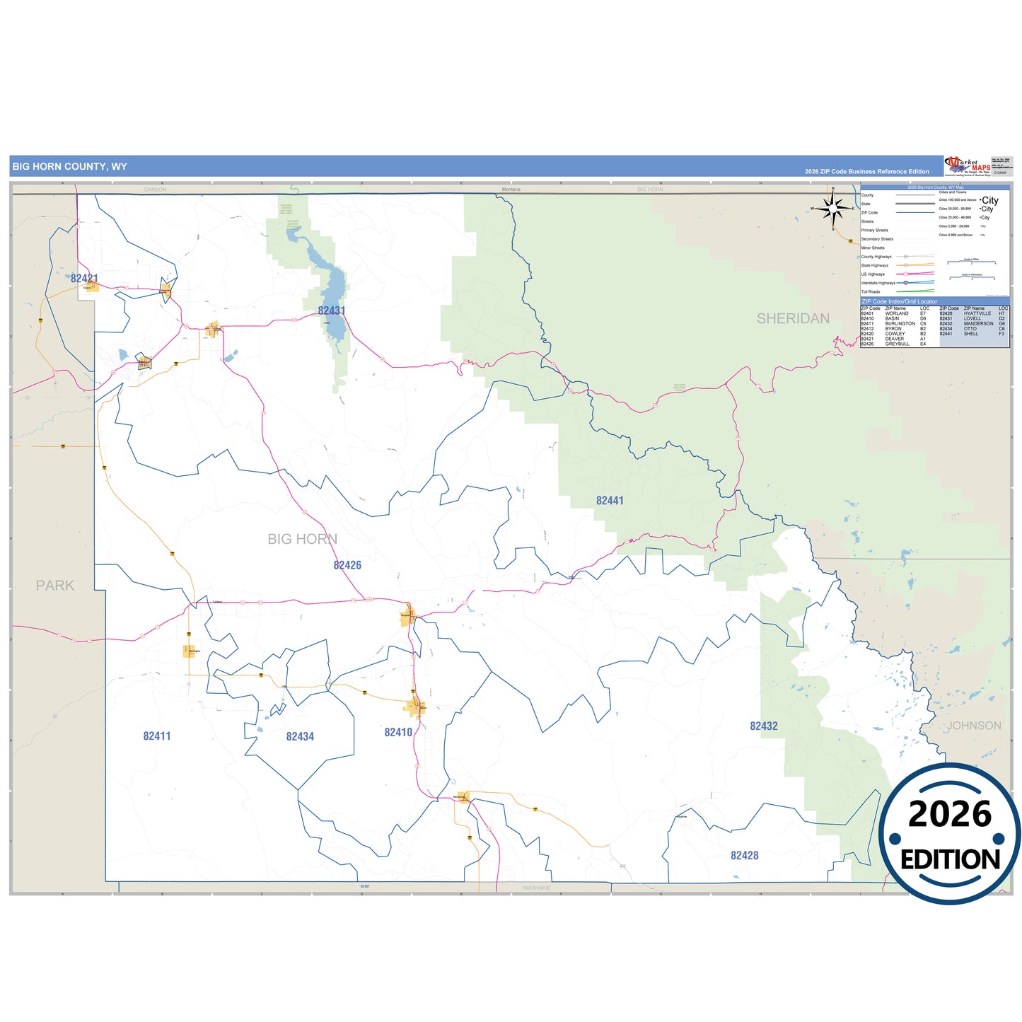 Big Horn County, WY Business Reference 5 Digit ZIP Code Wall Map