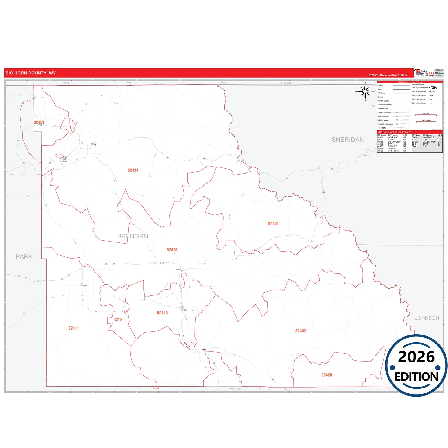 Big Horn County, WY Red Line 5 Digit ZIP Code Wall Map