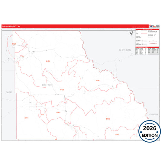 Big Horn County, WY Red Line 5 Digit ZIP Code Wall Map