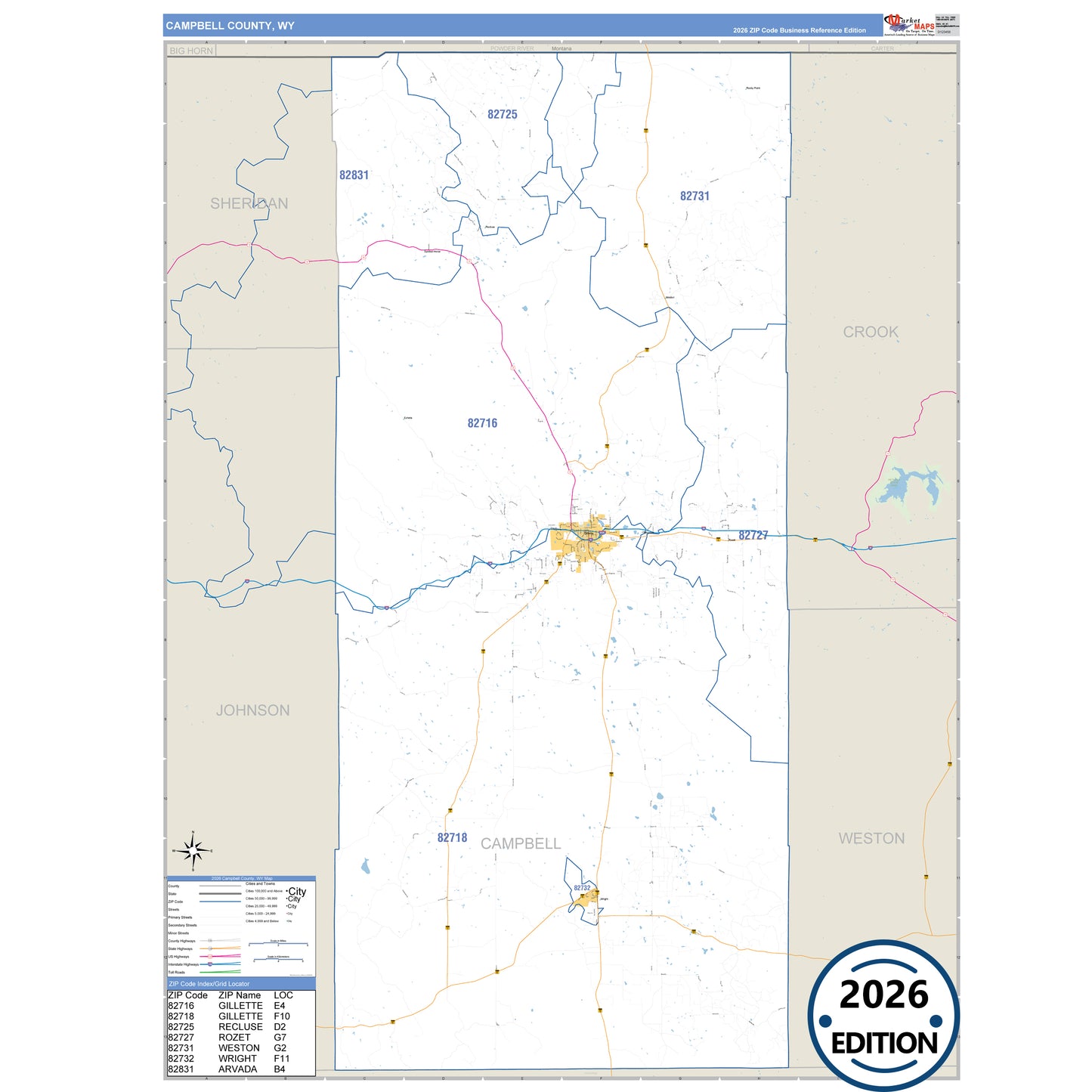 Campbell County, WY Business Reference 5 Digit ZIP Code Wall Map