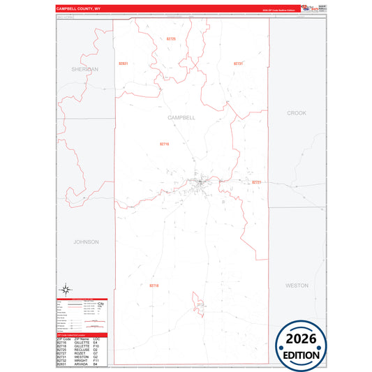 Campbell County, WY Red Line 5 Digit ZIP Code Wall Map