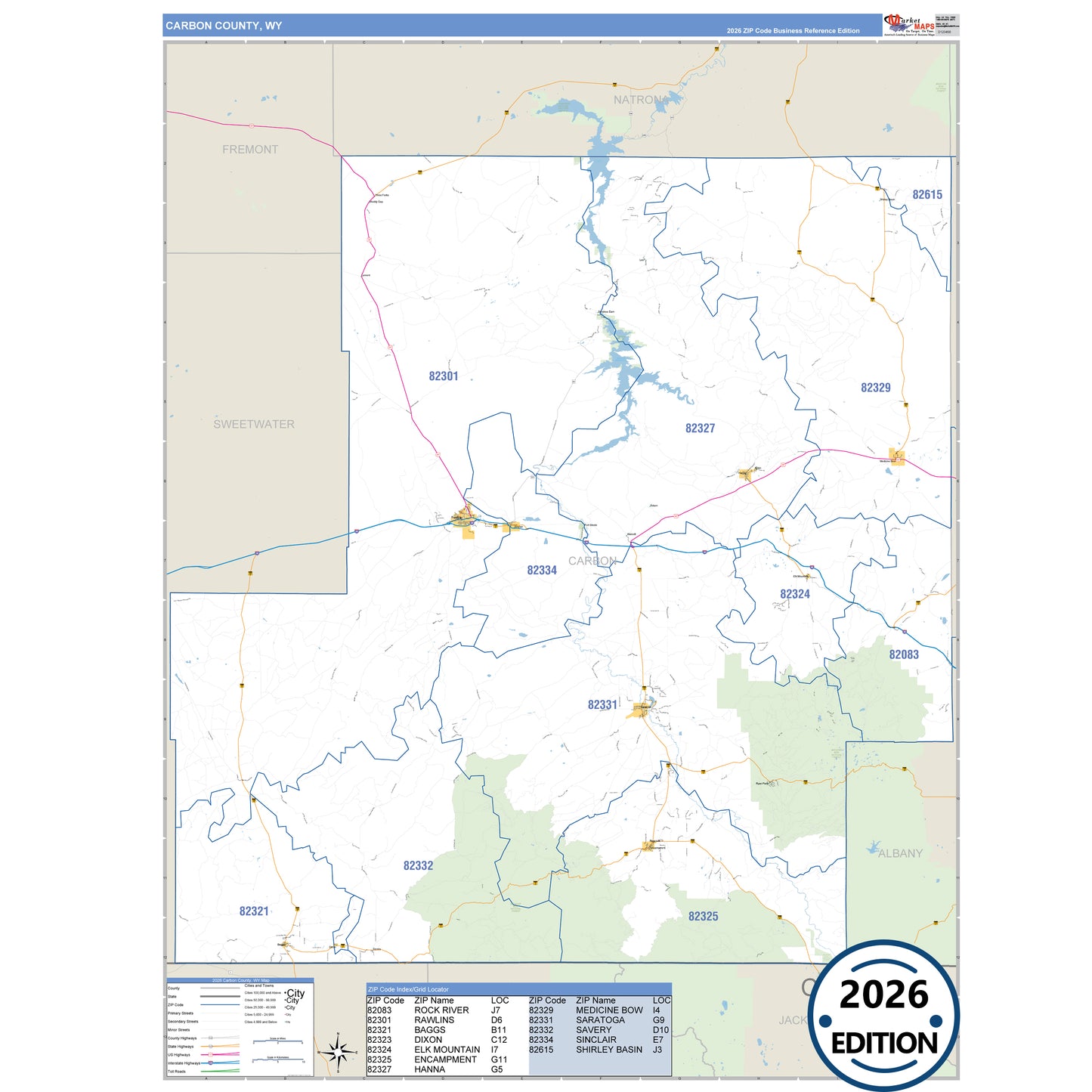 Carbon County, WY Business Reference 5 Digit ZIP Code Wall Map