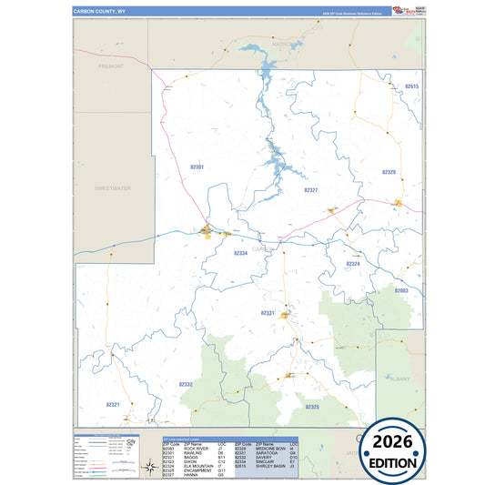 Carbon County, WY Business Reference 5 Digit ZIP Code Wall Map