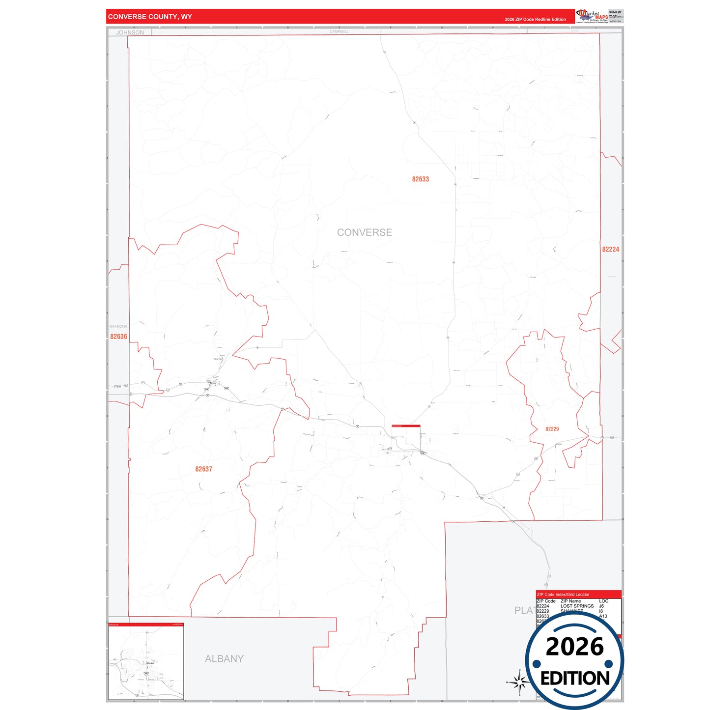 Converse County, WY Red Line 5 Digit ZIP Code Wall Map