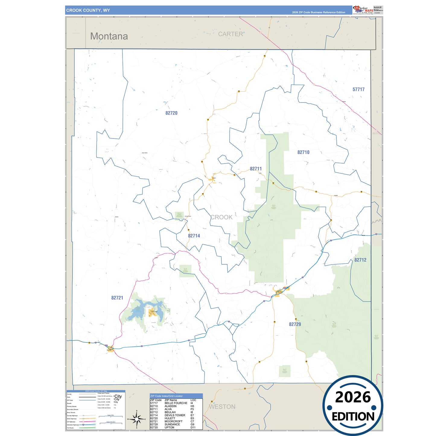 Crook County, WY Business Reference 5 Digit ZIP Code Wall Map