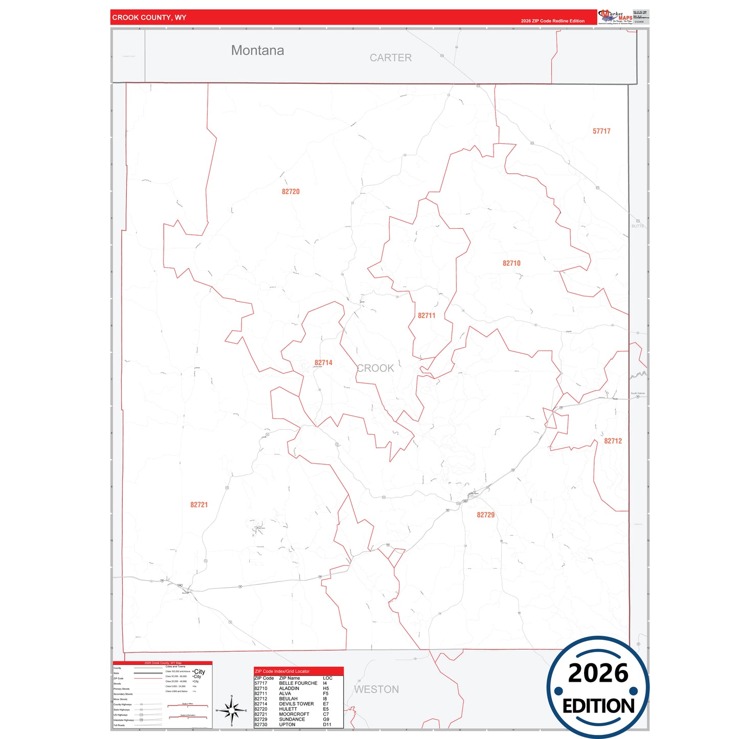 Crook County, WY Red Line 5 Digit ZIP Code Wall Map