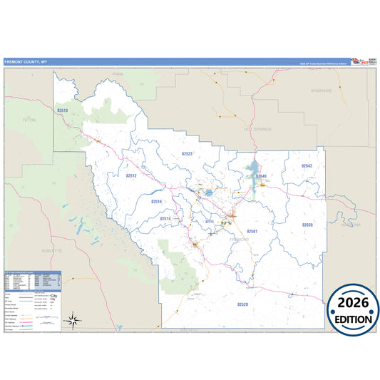 Fremont County, WY Business Reference 5 Digit ZIP Code Wall Map