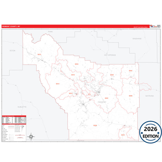 Fremont County, WY Red Line 5 Digit ZIP Code Wall Map