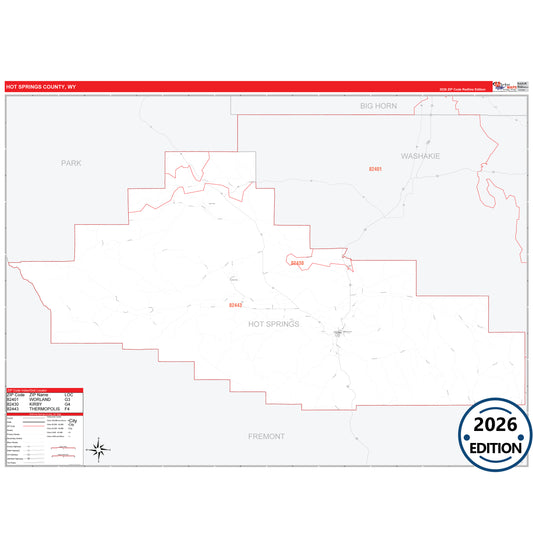 Hot Springs County, WY Red Line 5 Digit ZIP Code Wall Map