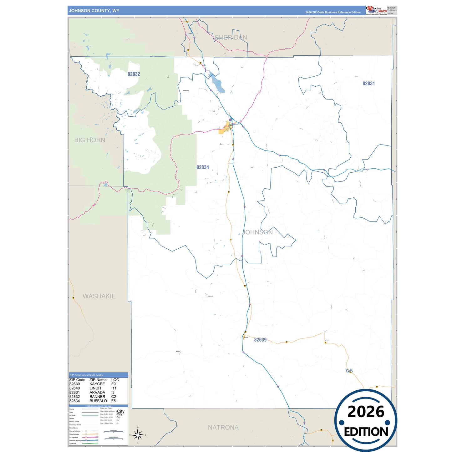 Johnson County, WY Business Reference 5 Digit ZIP Code Wall Map