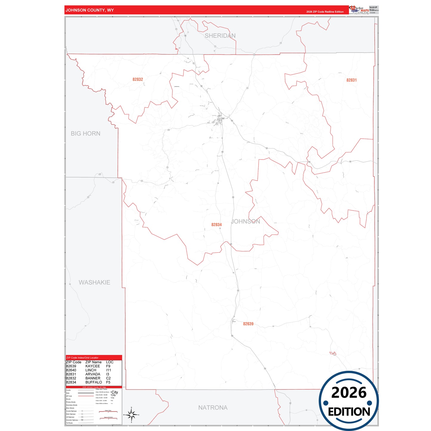 Johnson County, WY Red Line 5 Digit ZIP Code Wall Map