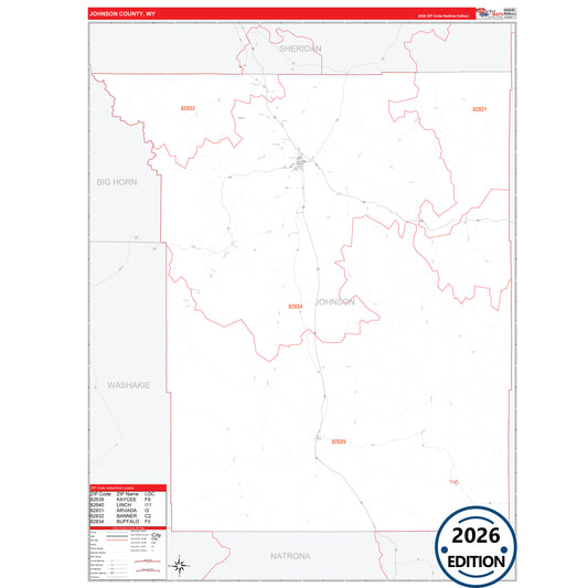 Johnson County, WY Red Line 5 Digit ZIP Code Wall Map